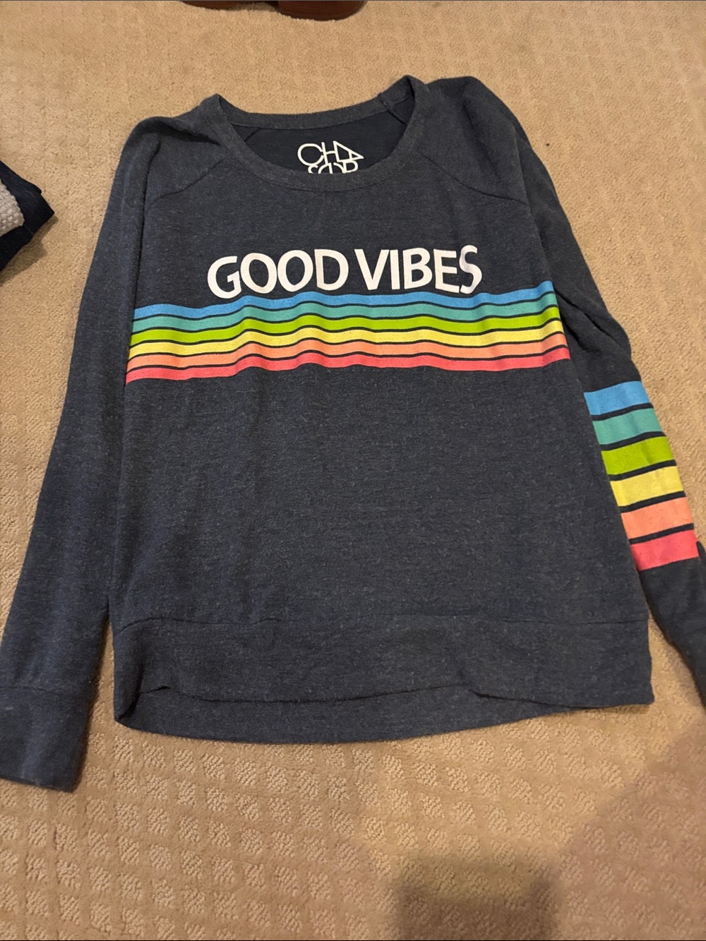 Chaser Navy 'GOOD VIBES' Pullover with Rainbow Stripes